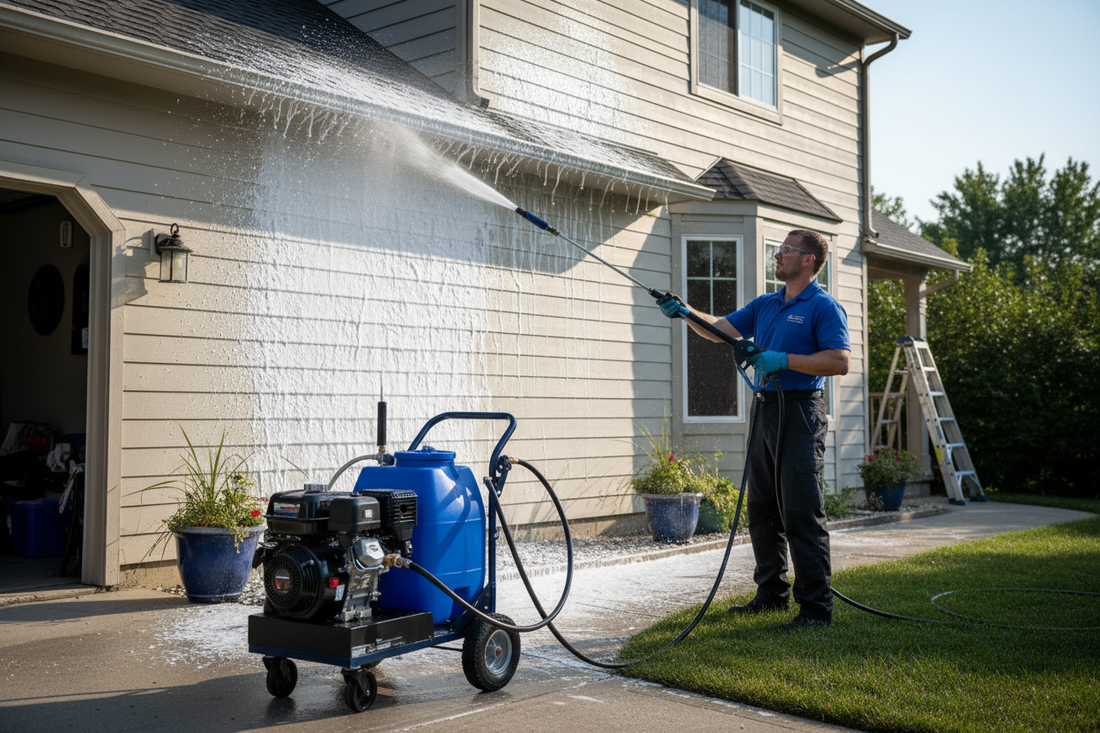 Downstream Injector Pulling Chemical, Man Washing Siding With Soap