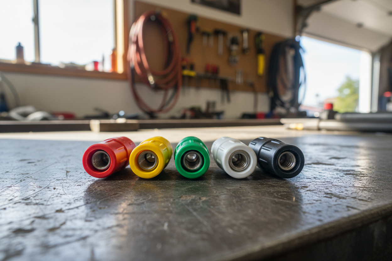 Pressure Washing Nozzles on Workbench, Color Coded