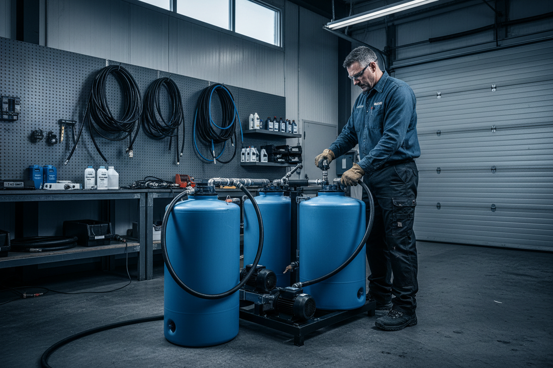 Man filling 55 gallon drums with Sodium Hypochlorite in Warehouse like setting